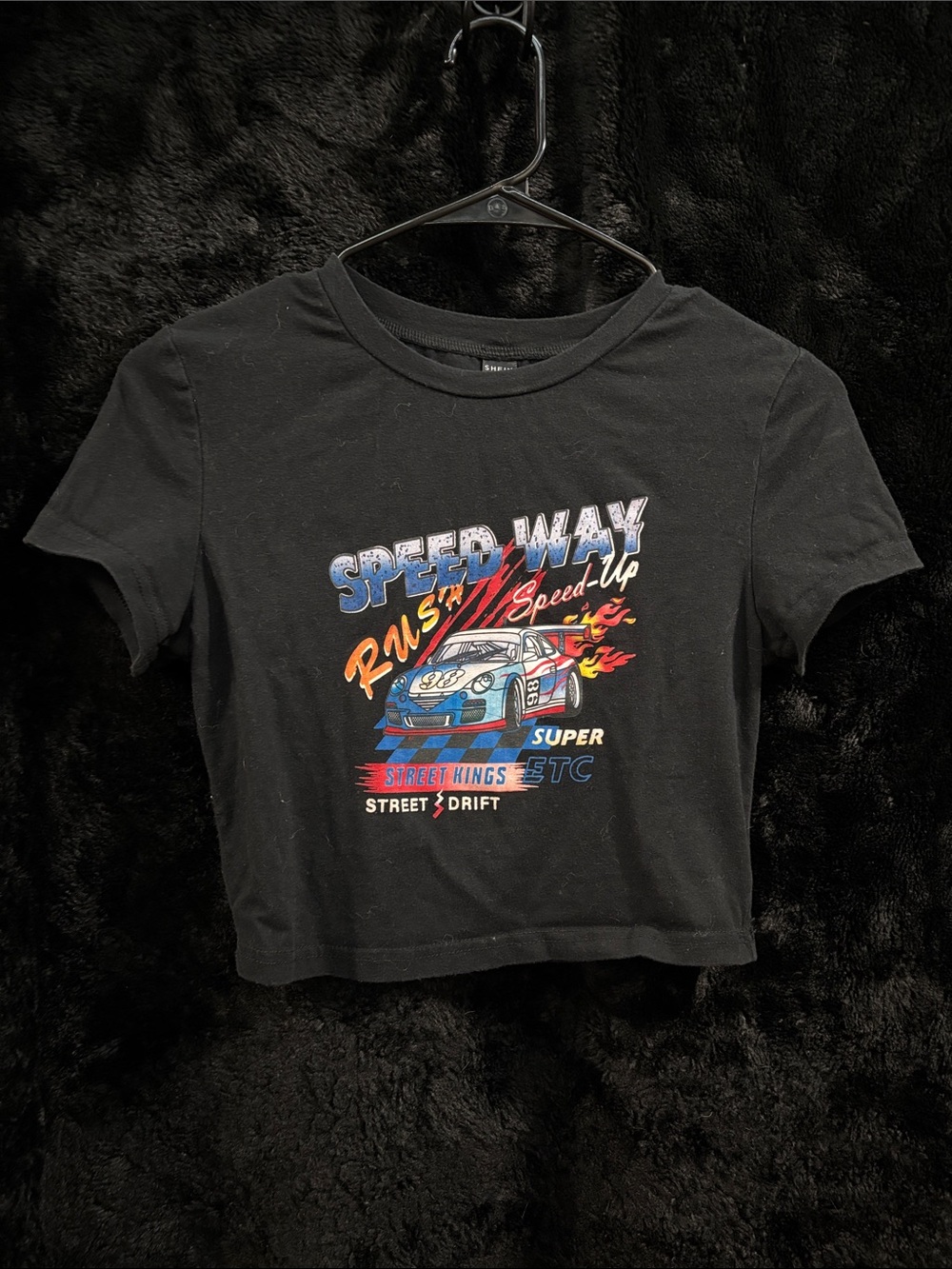 Black 'Speed Way' Graphic Silhouette Crop-Top - Race Car Design